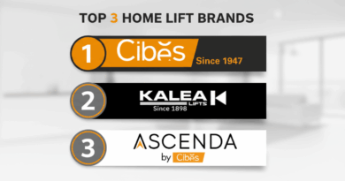 A graphic displaying the top 3 home lift brands. Cibes, with its orange and black logo and "Since 1947" text, is ranked #1. Kalea Lifts, with its black and white logo and "Since 1898" text, is ranked #2. Ascenda by Cibes, with its white and orange logo, is ranked #3. The background is a blurred image of a modern, bright home interior.