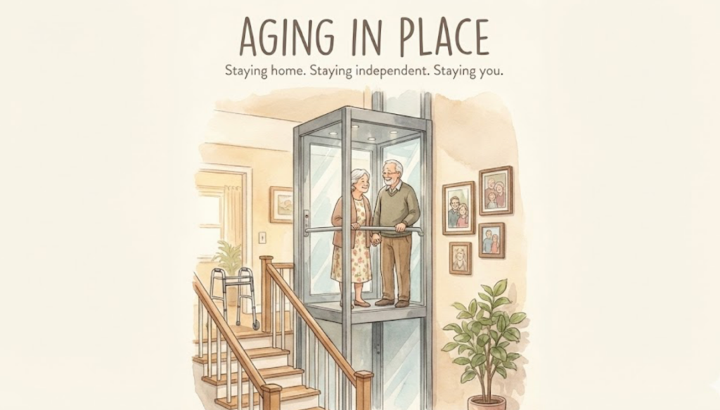 ลิฟท์บ้านเพื่อการอยู่อาศัยระยะยาว แสดงผู้สูงอายุใช้ลิฟท์ในบ้านสองชั้น เพื่อการเข้าถึงที่ปลอดภัยและความเป็นอิสระในชีวิตประจำวัน