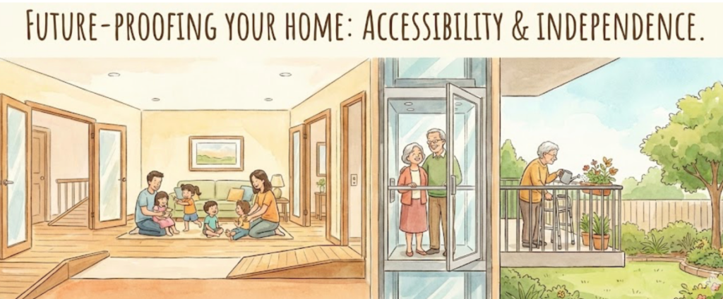 "Watercolor illustration titled 'Future-Proofing Your Home' showing three stages of accessible living: a young family in a home with ramps, an elderly couple using a residential glass lift, and a senior citizen gardening independently with a walker. Concepts include aging in place, home elevators, and barrier-free design