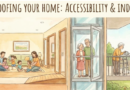 "Watercolor illustration titled 'Future-Proofing Your Home' showing three stages of accessible living: a young family in a home with ramps, an elderly couple using a residential glass lift, and a senior citizen gardening independently with a walker. Concepts include aging in place, home elevators, and barrier-free design