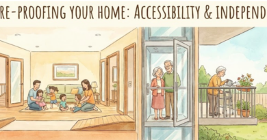 "Watercolor illustration titled 'Future-Proofing Your Home' showing three stages of accessible living: a young family in a home with ramps, an elderly couple using a residential glass lift, and a senior citizen gardening independently with a walker. Concepts include aging in place, home elevators, and barrier-free design