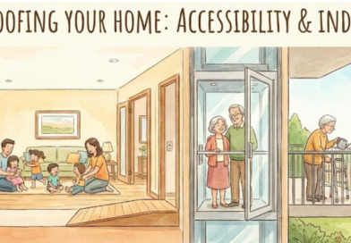 "Watercolor illustration titled 'Future-Proofing Your Home' showing three stages of accessible living: a young family in a home with ramps, an elderly couple using a residential glass lift, and a senior citizen gardening independently with a walker. Concepts include aging in place, home elevators, and barrier-free design