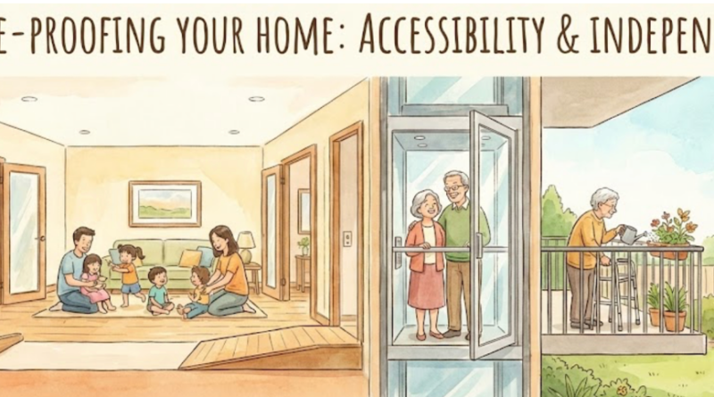 "Watercolor illustration titled 'Future-Proofing Your Home' showing three stages of accessible living: a young family in a home with ramps, an elderly couple using a residential glass lift, and a senior citizen gardening independently with a walker. Concepts include aging in place, home elevators, and barrier-free design