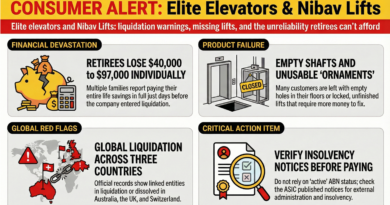 Consumer alert infographic about Elite elevators and Nibav Lifts warning of liquidation risk, missing home lifts, retirees losing $40,000–$97,000, empty lift shafts, and advice to verify insolvency notices before paying.